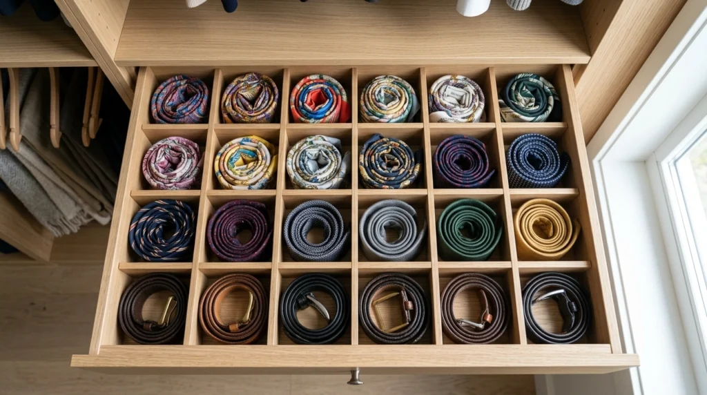 12. Custom Pull-Out Drawers for Scarves, Belts, and Ties