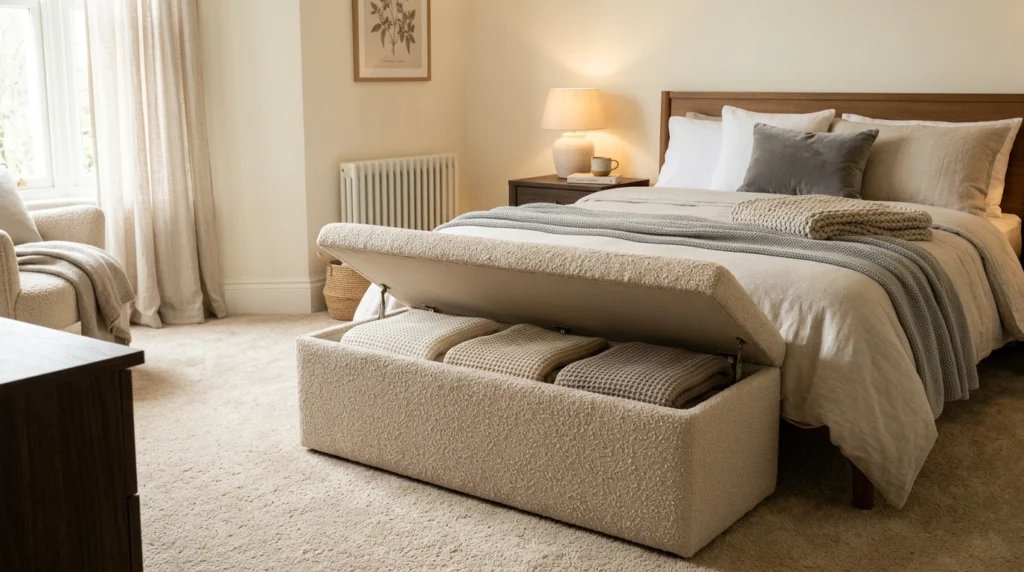 12. An Upholstered Storage Bench with Plush Seating