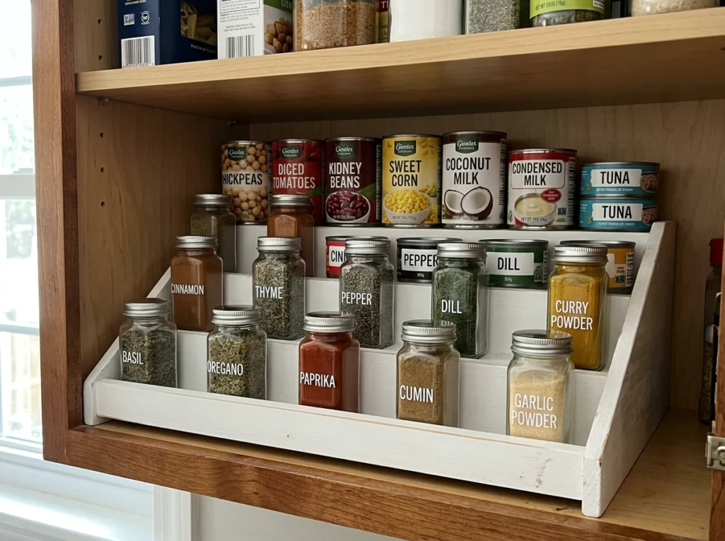 12. The Tiered Step-Shelf Spice and Can Organizer