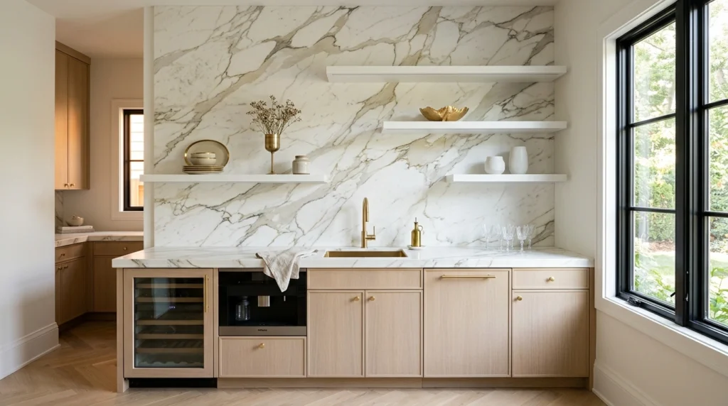 12. Dramatic Slab Backsplash and Matching Counters