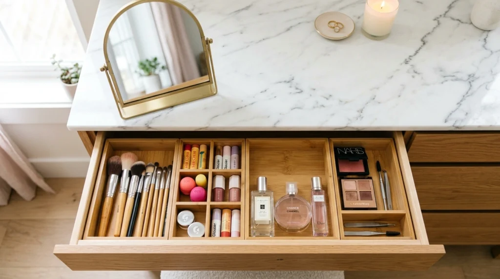 13. A Compact Vanity Desk with Drawer Dividers