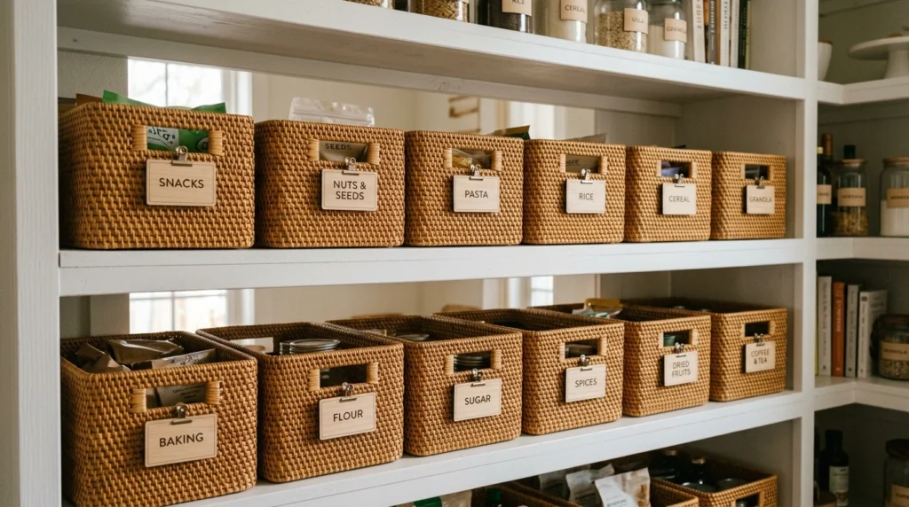 13. Woven Rattan Bins with Uniform Wooden Labels