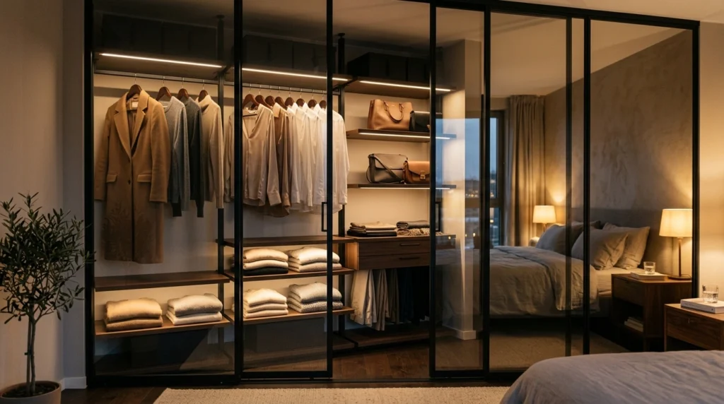 14. The Glass-Partitioned Open Wardrobe