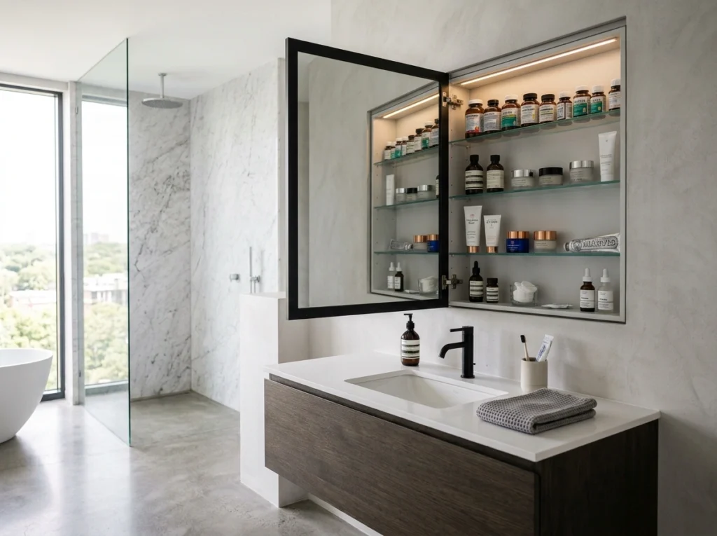 14. Hidden-Storage Mirror Cabinets (The Modern Recessed Medicine Cabinet)