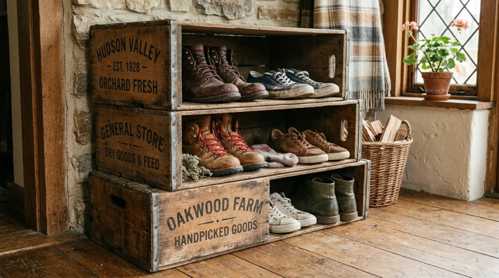 14. Vintage Wooden Crates Stacked Horizontally
