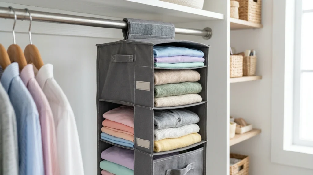 14. Hanging Fabric Organizers for Closet Shelving