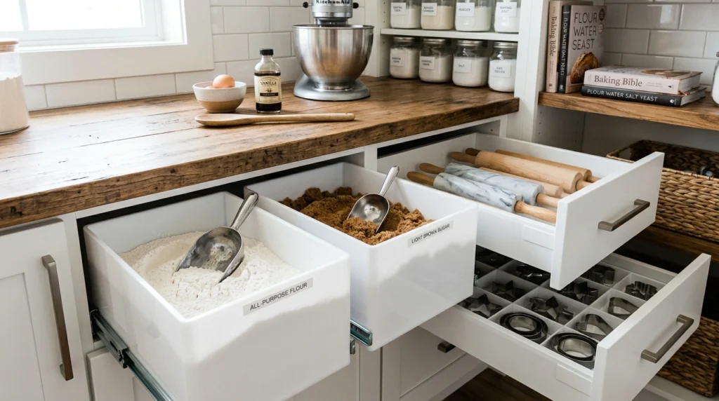 14. Dedicated Baking Station with Pull-Out Flour Bins
