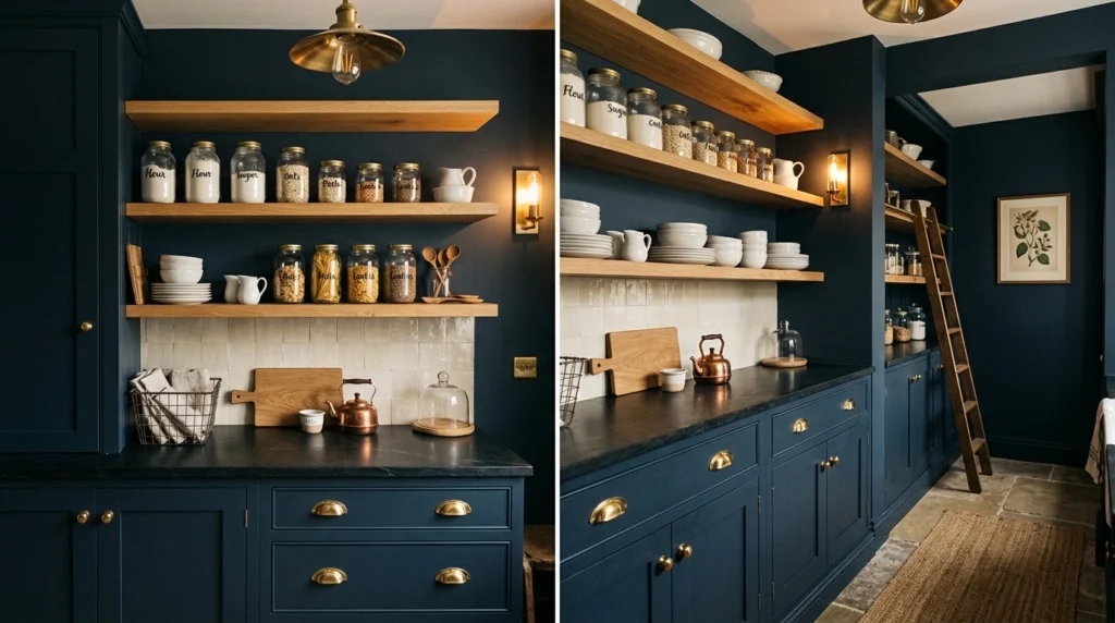 15. Moody Dark Cabinetry with Contrast Wood Shelving