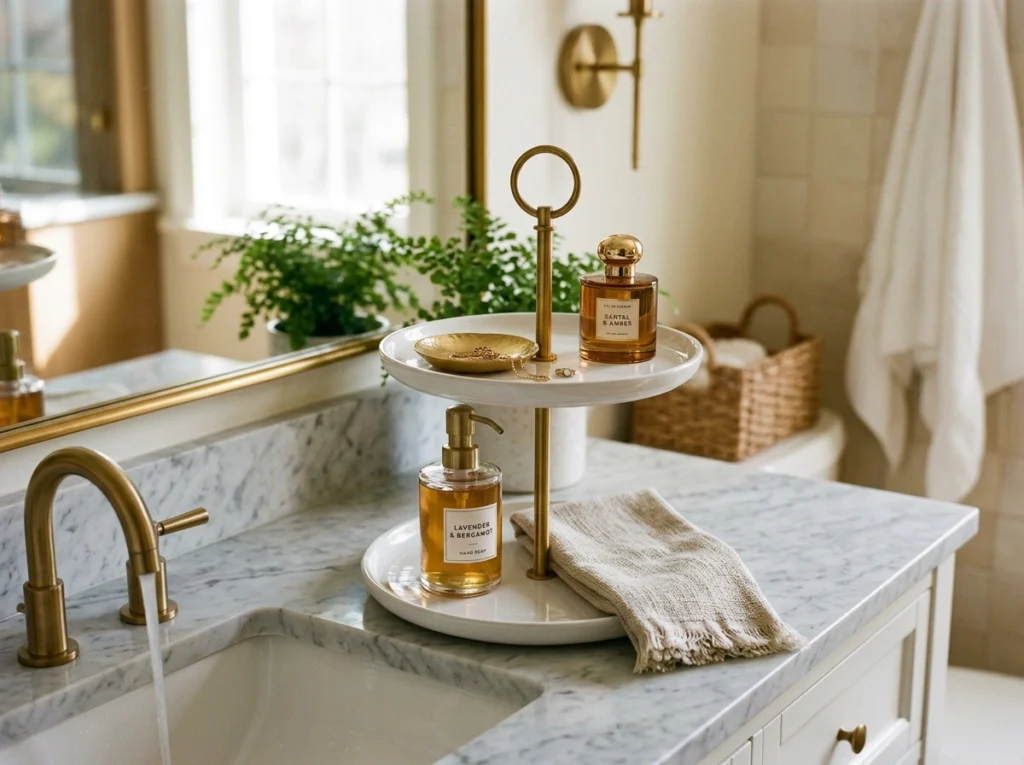 16. Two-Tiered Ceramic and Brass Countertop Trays
