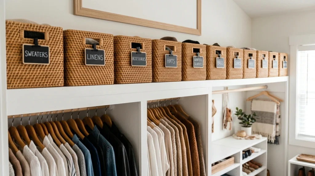 17. Coordinated Canvas and Rattan Storage Baskets