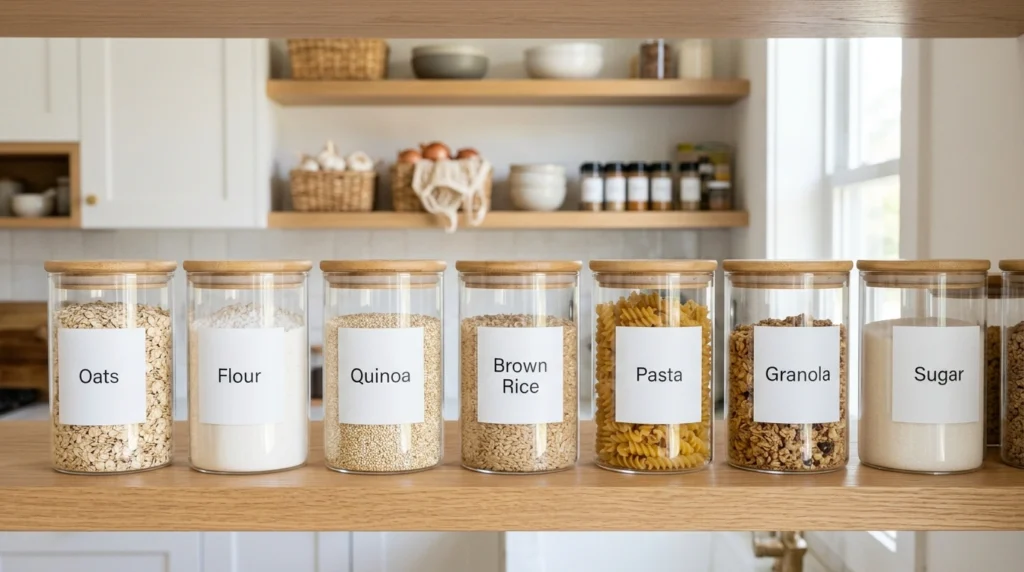 17. Glass Canisters with Minimalist Typed Labels