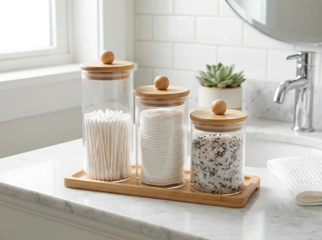 18. Glass Canisters with Bamboo Lids for Small Vanity Items