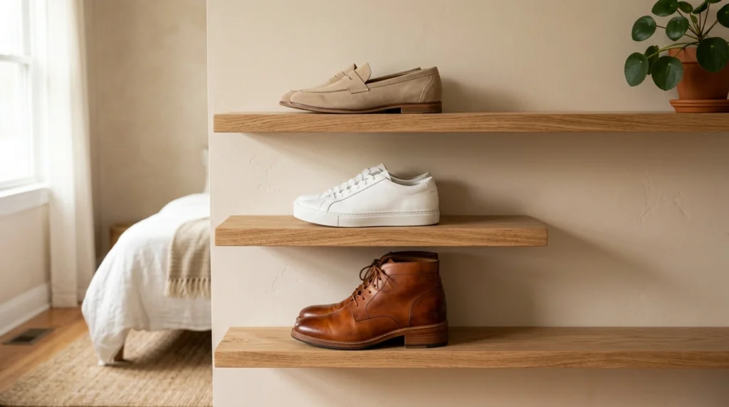1. Floating Wooden Ledges for Your Favorite Pairs