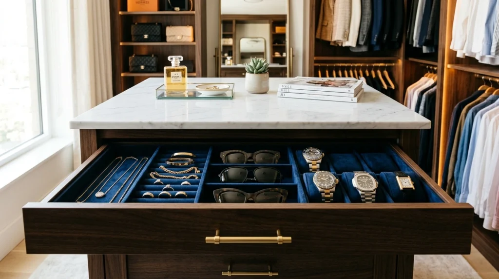 2. The Central Island with Velvet-Lined Drawer Inserts