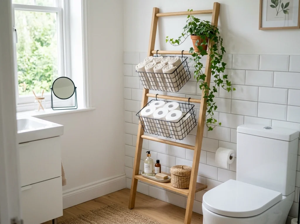 2. Over-the-Toilet Wooden Ladder Shelves with Wire Baskets