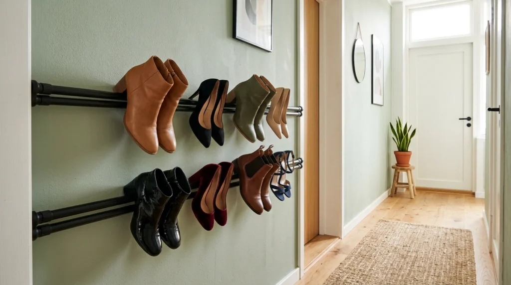 2. Tension Rod Shoe Racks for Blank Wall Space