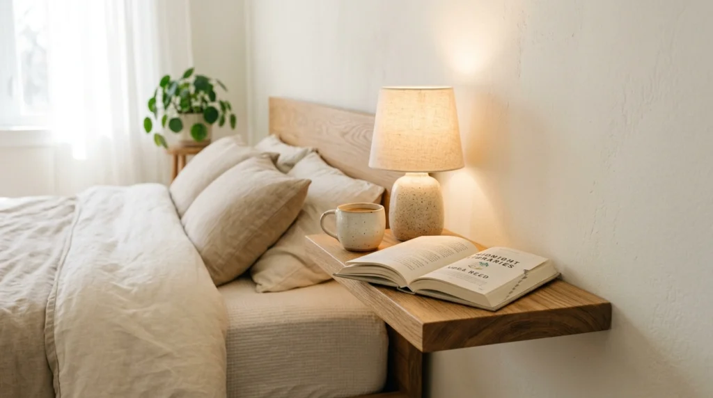 2. Floating Wall Shelves That Double as Bedside Tables