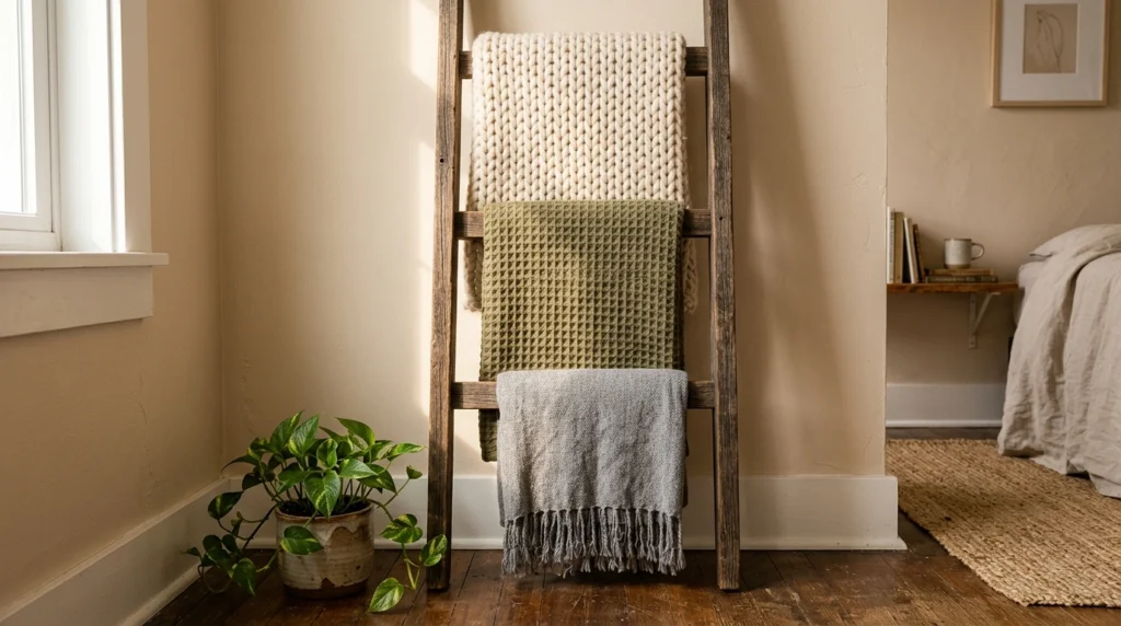 3. A Sturdy Wooden Blanket Ladder in the Corner