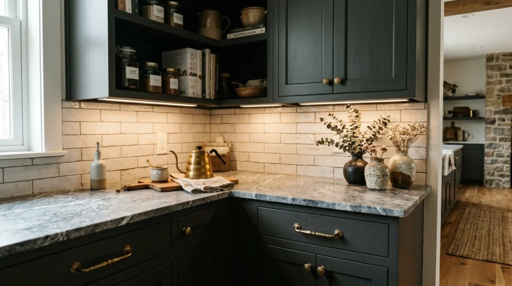 3. Moody Charcoal Cabinets with Warm Brass Details