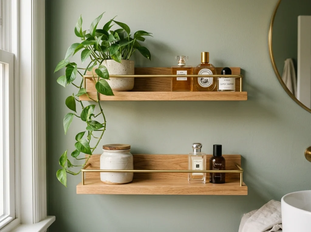 4. Wall-Mounted Floating Ledges with Brass Guardrails