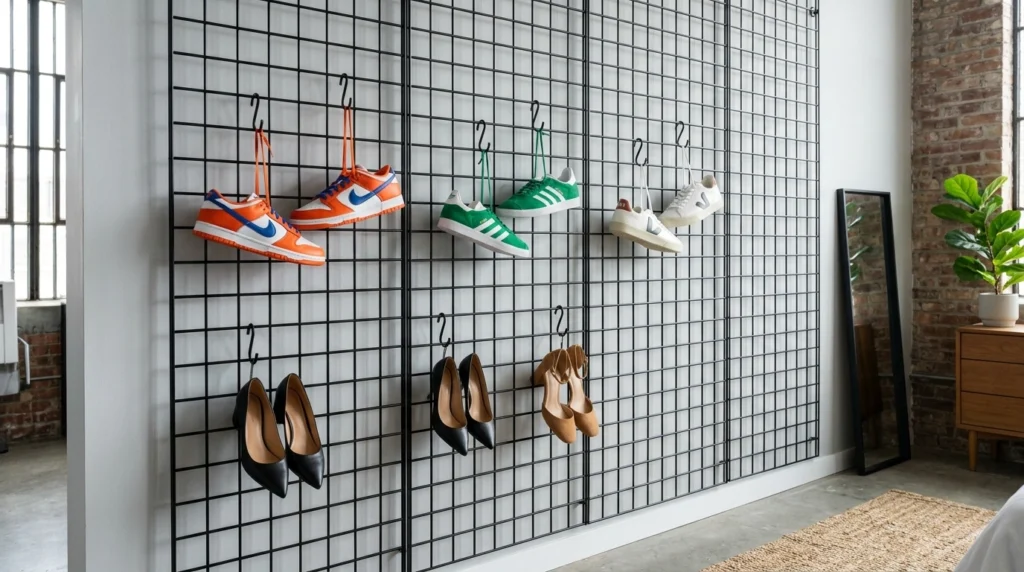 4. Industrial Metal Grid Panels with S-Hooks
