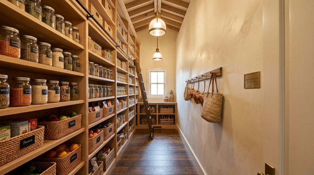 4. Floor-to-Ceiling Shelving with a Library Ladder