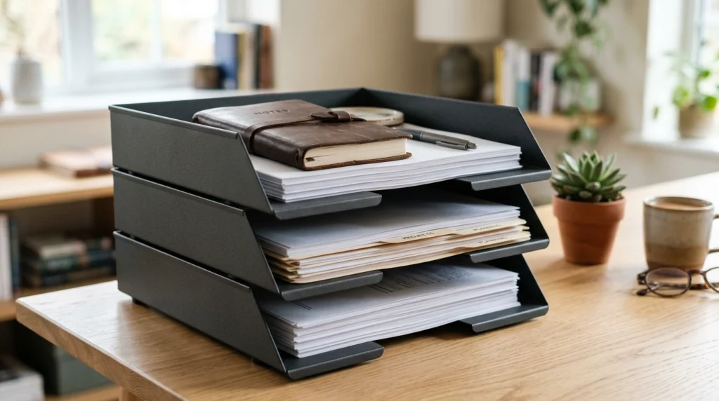 5. Stackable Letter Trays in Matte Metal