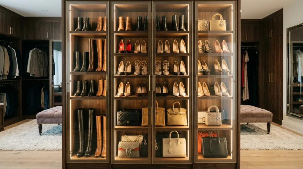 6. Glass-Front Display Cabinets for Shoes and Handbags