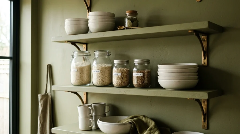 6. Monochromatic Open Shelving with Brass Accents