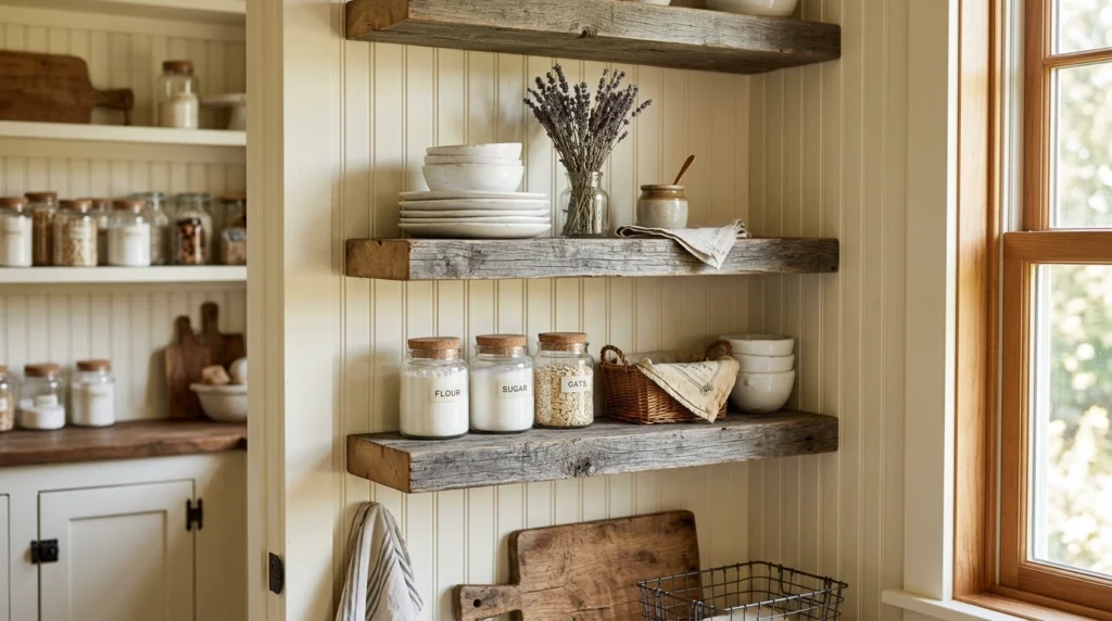 6. Reclaimed Wood Floating Shelves with Beadboard Backing
