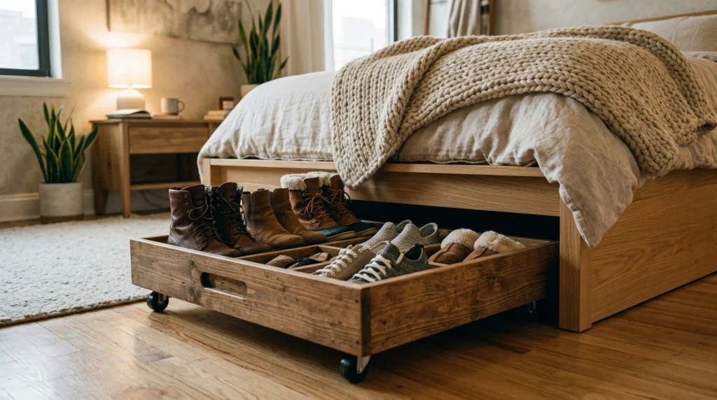 7. Slide-Out Under-Bed Rolling Wood Trays