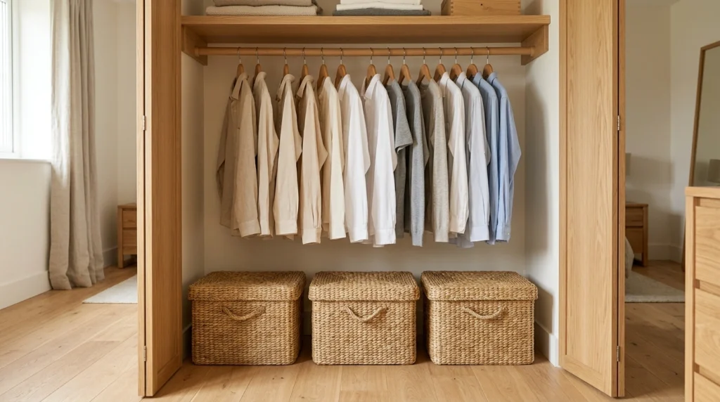 7. Woven Baskets with Lids for the Bottom of the Wardrobe