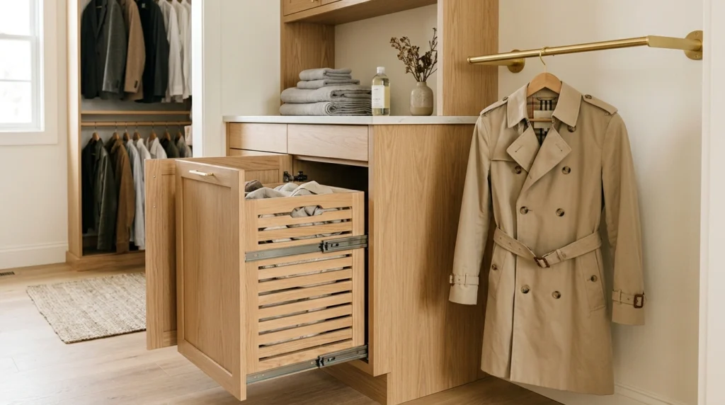 8. Concealed Laundry Hampers and Pull-Out Valet Rods
