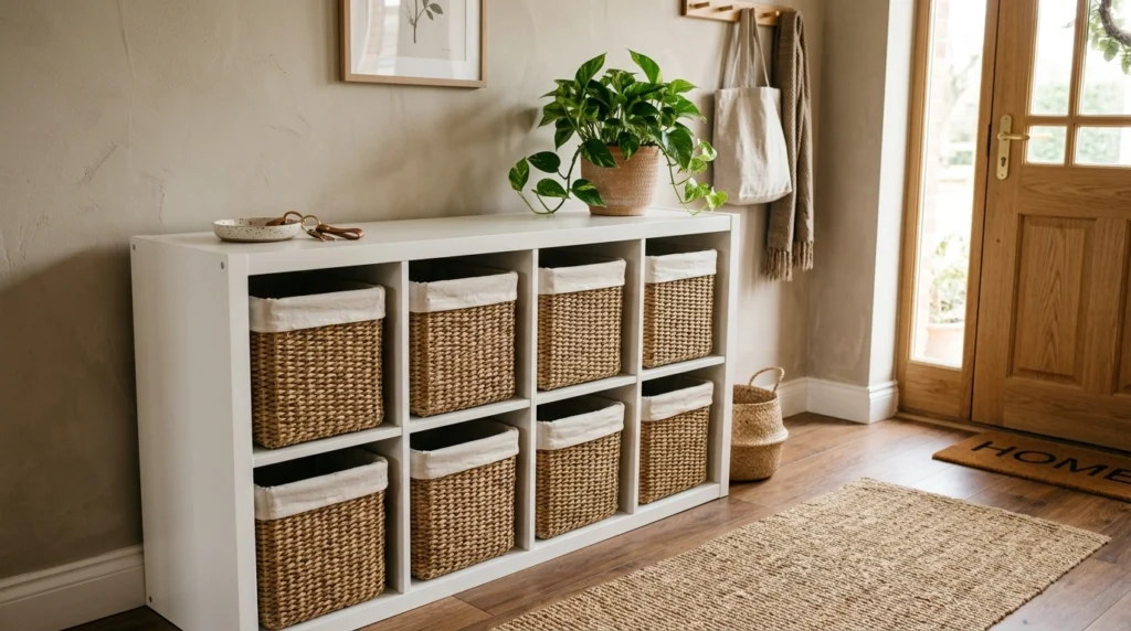 8. Cubby-Style Bookcase with Woven Baskets