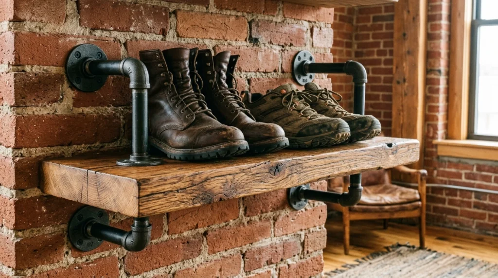 9. Industrial Pipe & Reclaimed Wood Floating Shelves