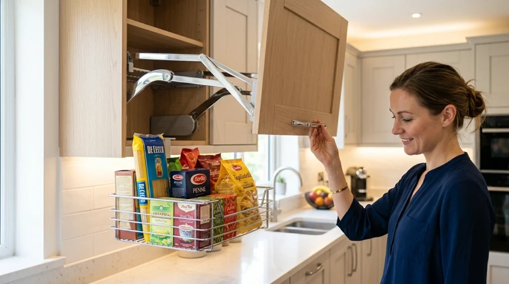 9. The Drop-Down Upper Cabinet Baskets