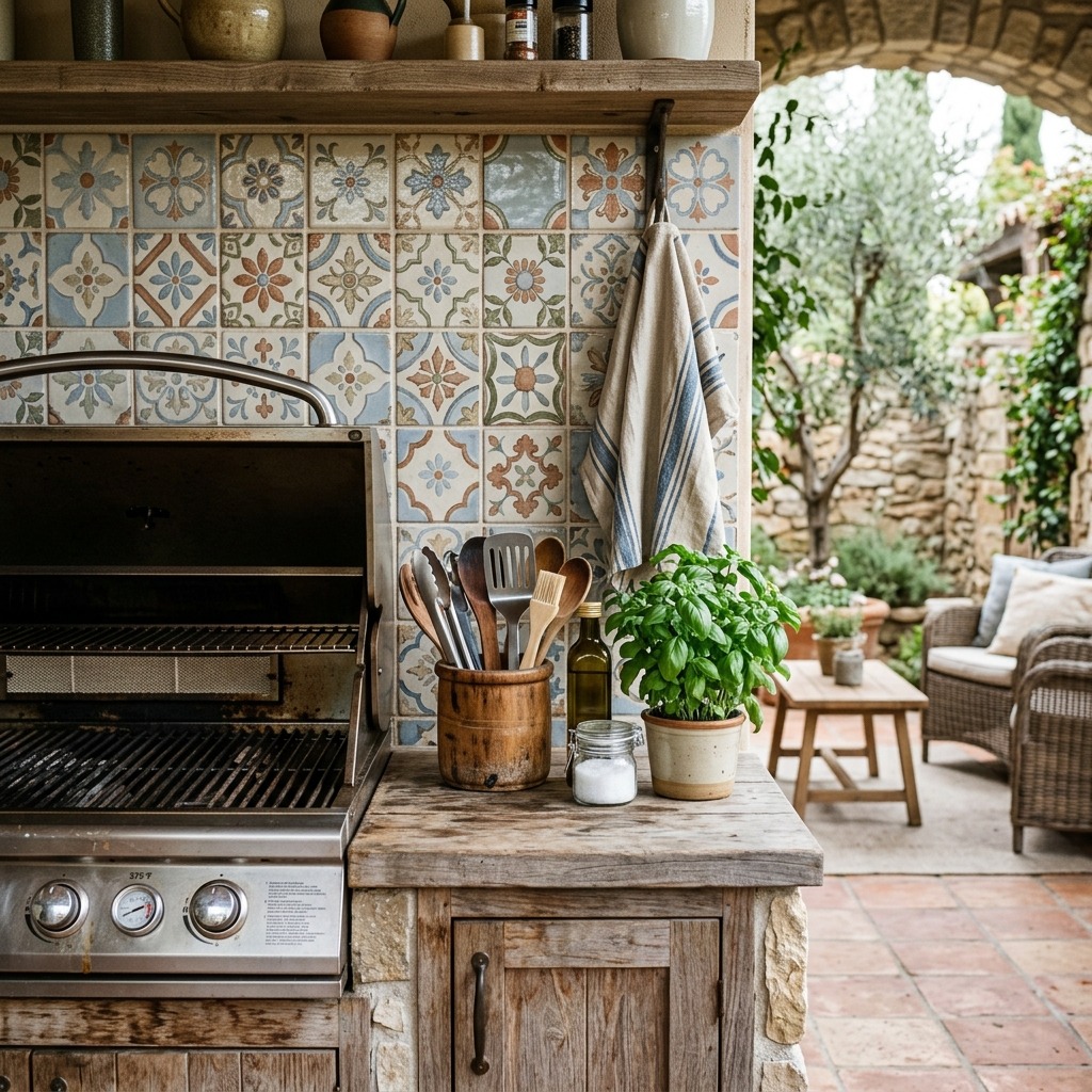 A Patterned Tile Backsplash Behind the Cooking Zone