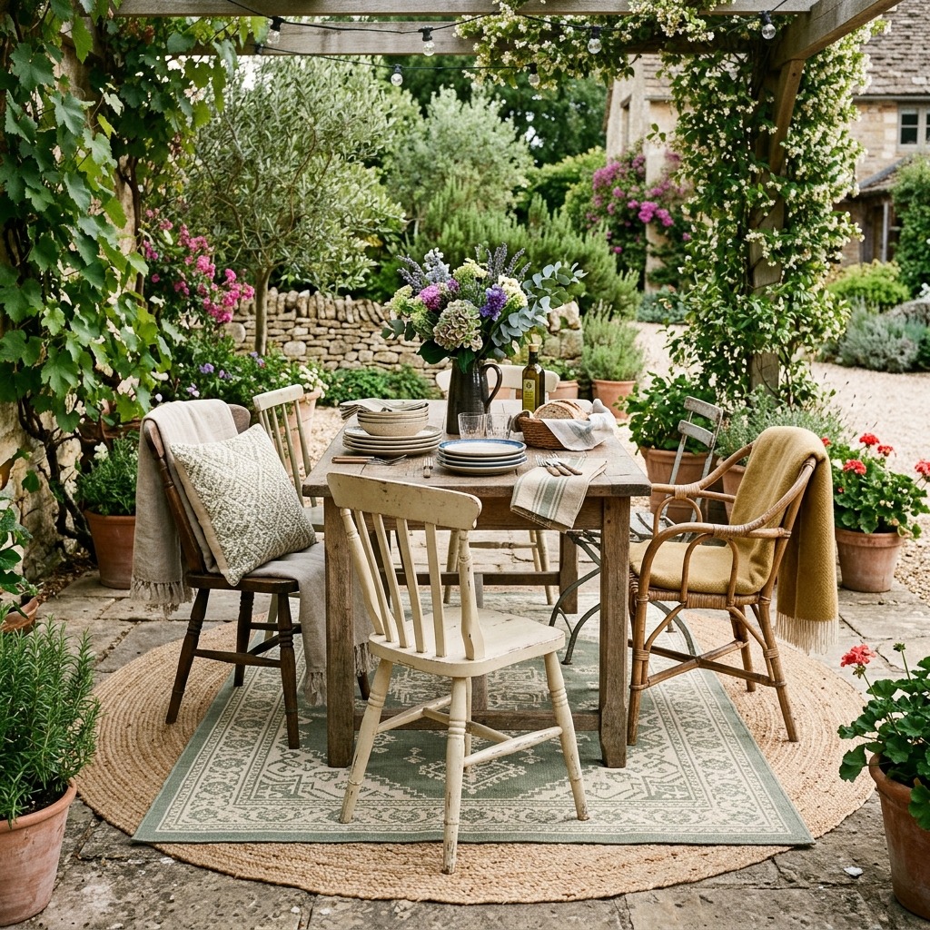 Layered Outdoor Rugs to Ground the Dining Area