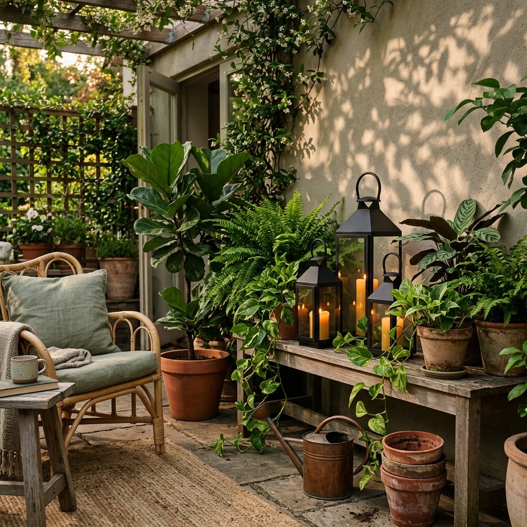 Black Iron Lanterns Against Lush Greenery