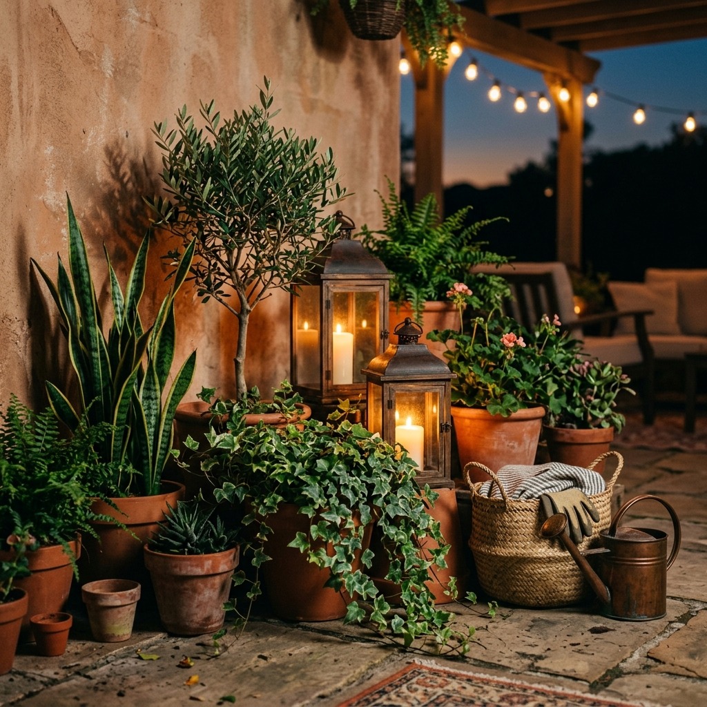 Lanterns Nestled Among Potted Plants