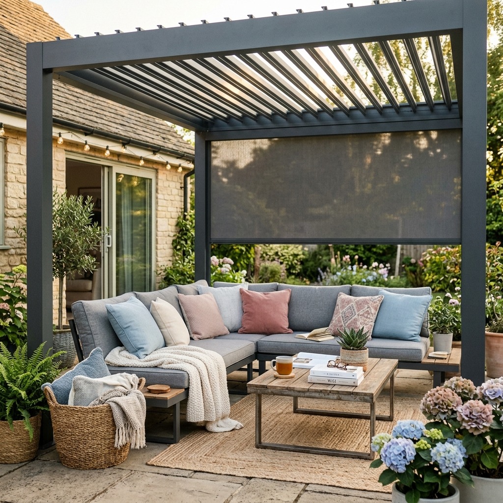A Louvered Pergola Roof with Drop-Down Sides